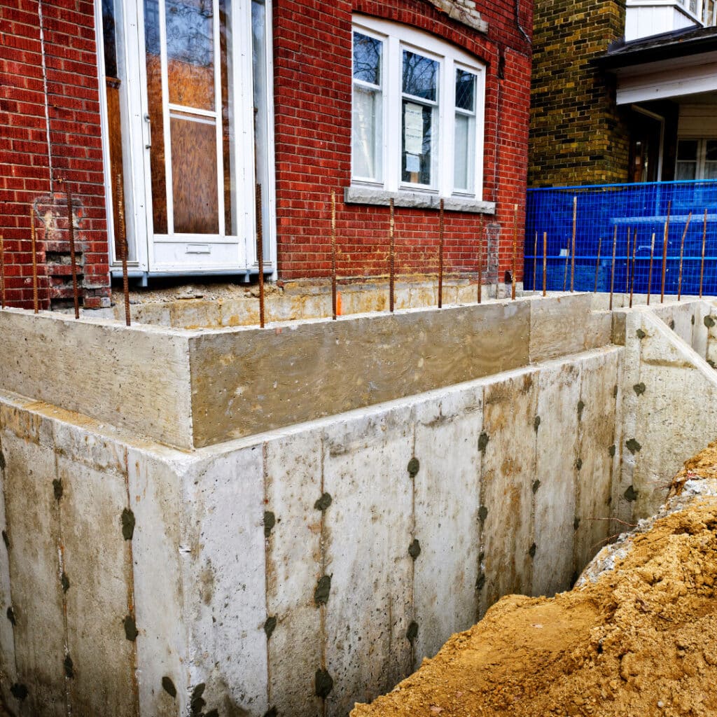 Concrete foundation walls of a building under construction with exposed rebar, adjacent to a brick house with a white door.